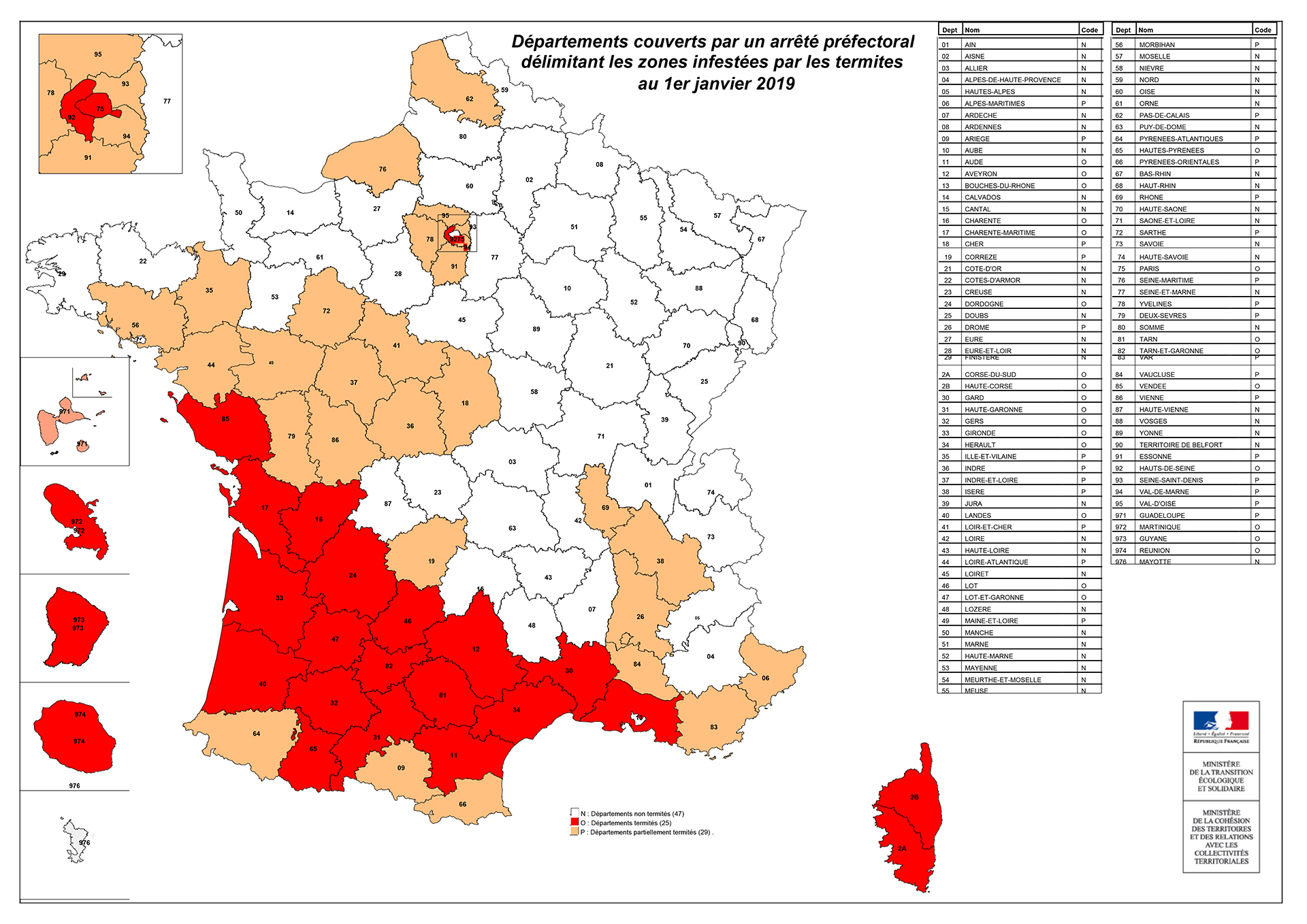 Termites - Règlementation carte de France zones infestées